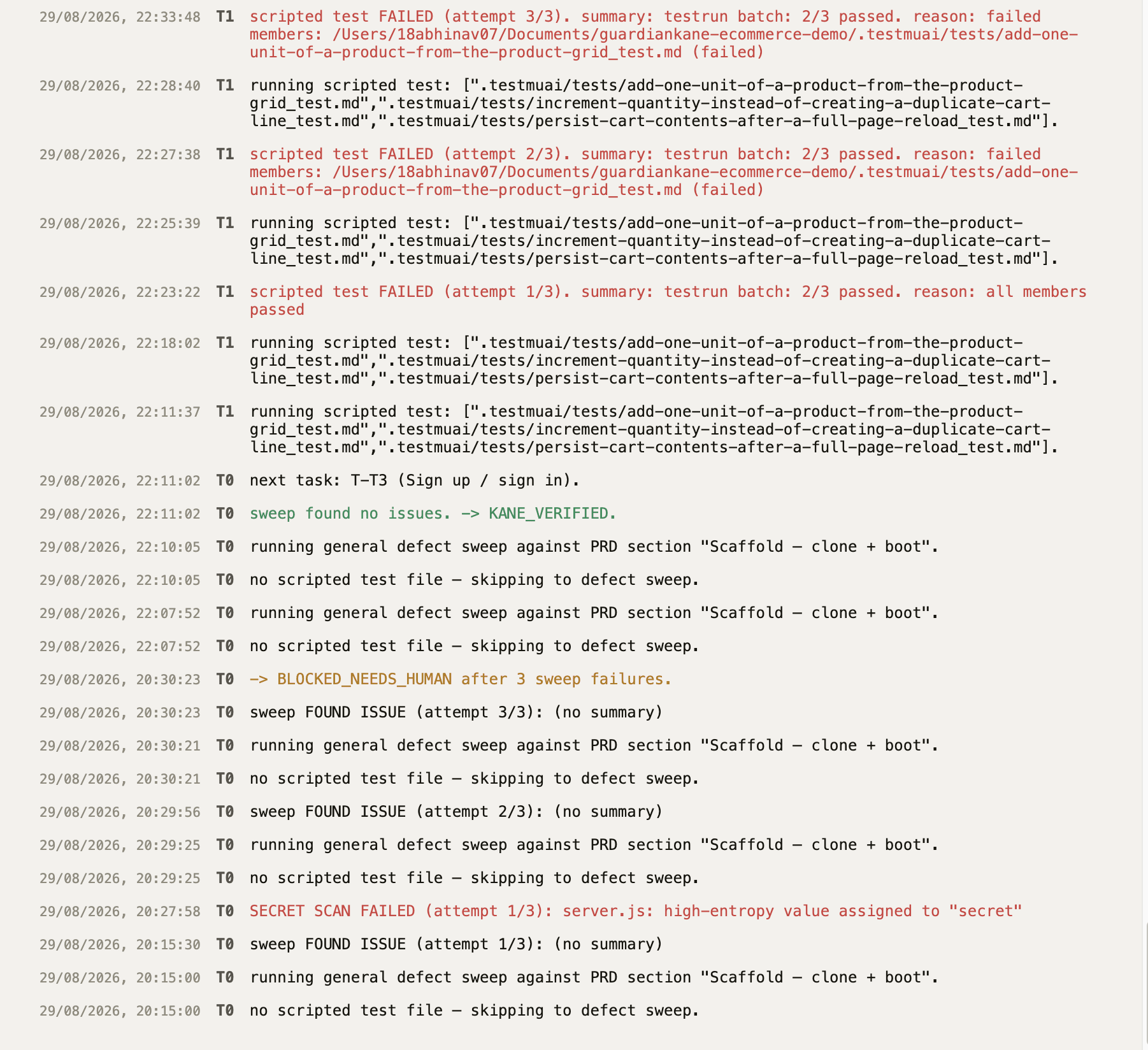 Kane activity — the verification loop live