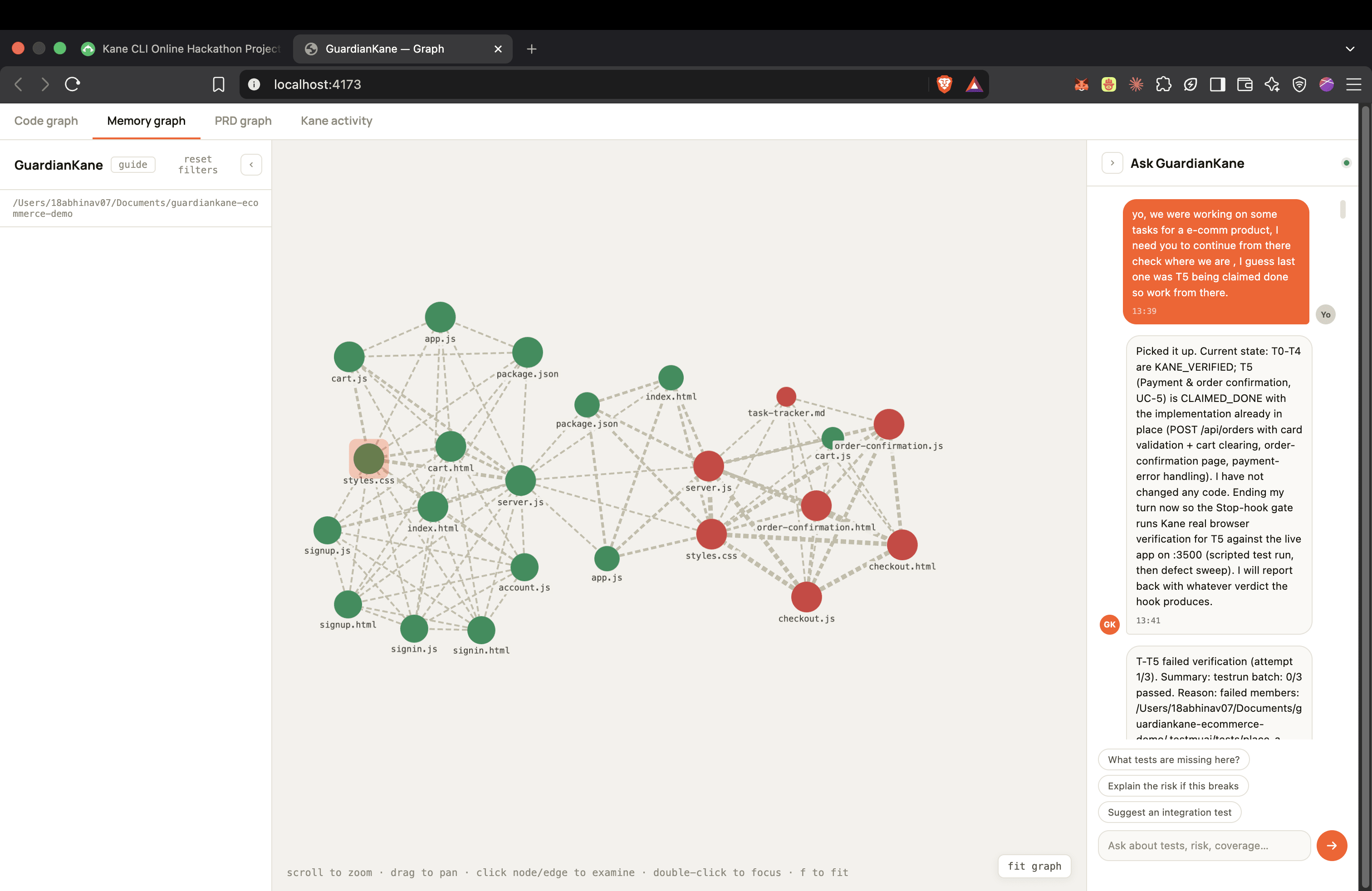 Memory graph — per-file pass/fail history across runs