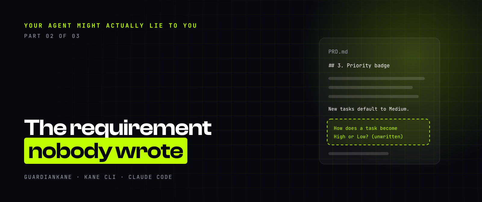 Part 02 of 03 cover: a PRD page with a dashed lime box around a missing line, under the title The requirement nobody wrote