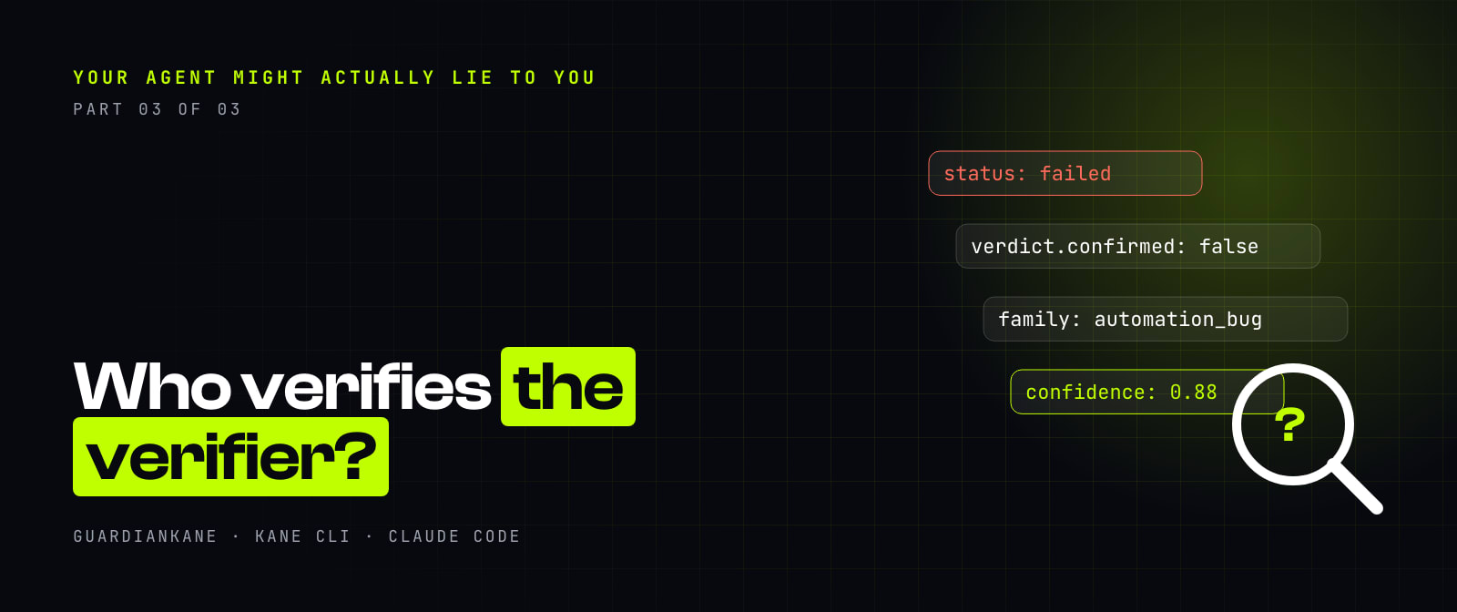 Part 03 of 03 cover: verdict chips reading status failed, confirmed false, and automation_bug, beside a magnifier with a lime question mark, under the title Who verifies the verifier?