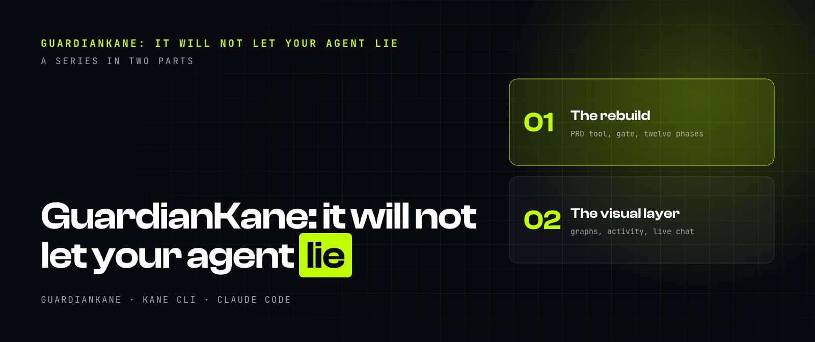 Series cover: GuardianKane, it will not let your agent lie, with two stacked part tiles: the rebuild, and the visual layer.