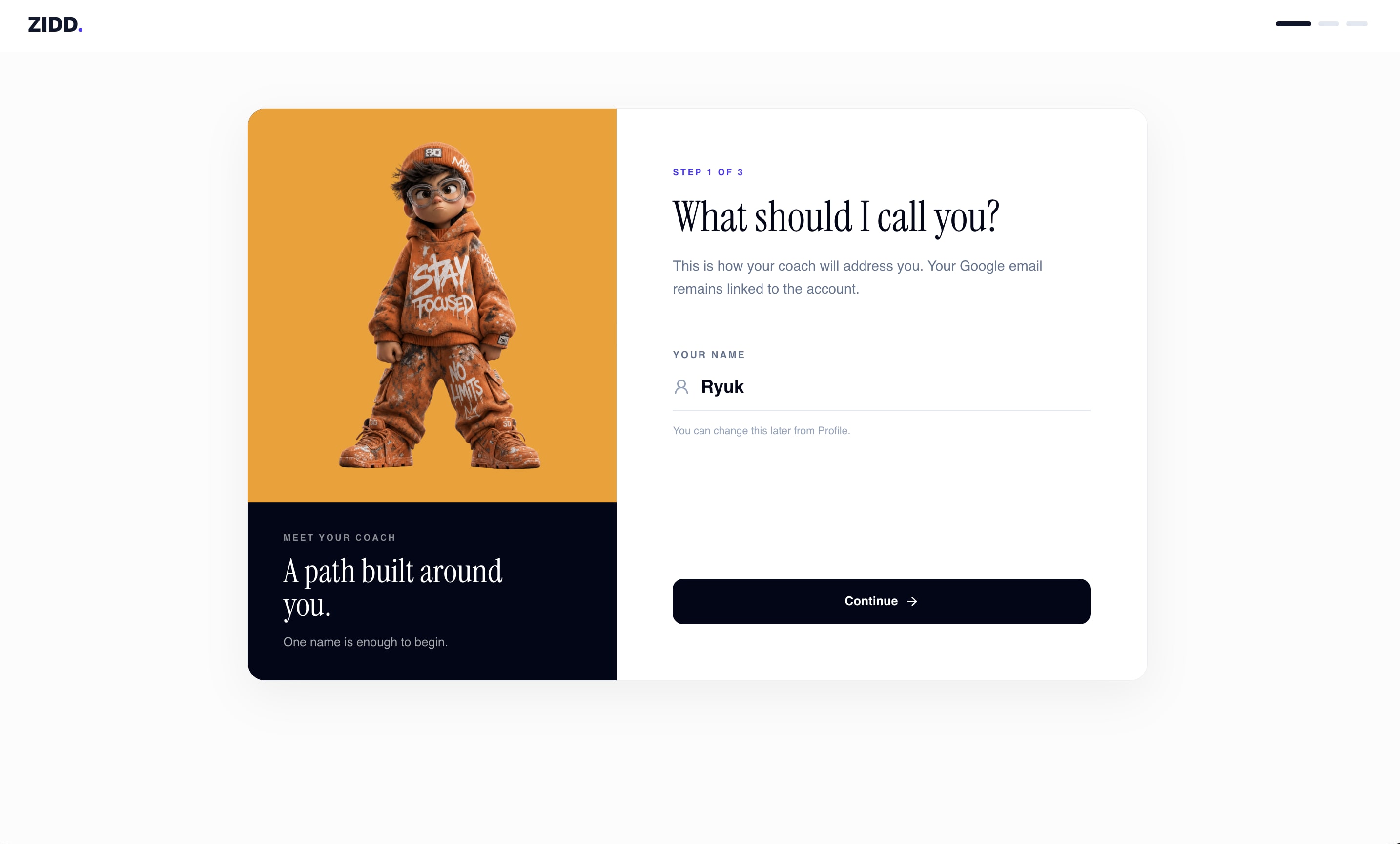 Onboarding, step 1: the name the coach will use