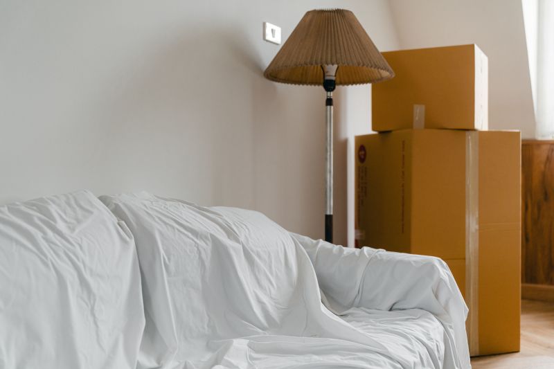 White couch with draped cover beside a brown floor lamp and stacked cardboard boxes in a room