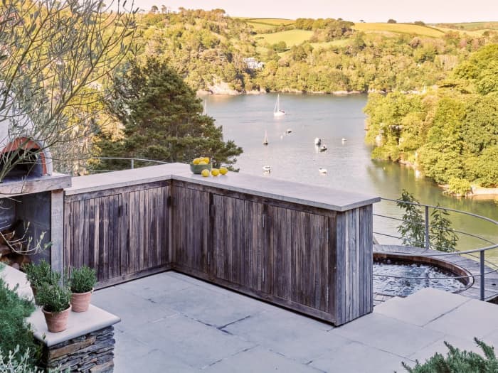 Outdoor timber bar built for a commercial client overlooking a Devon estuary