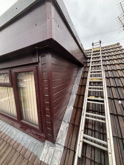A metal ladder leans against the brown tiled roof of a house, positioned next to a dark-paneled dormer window.