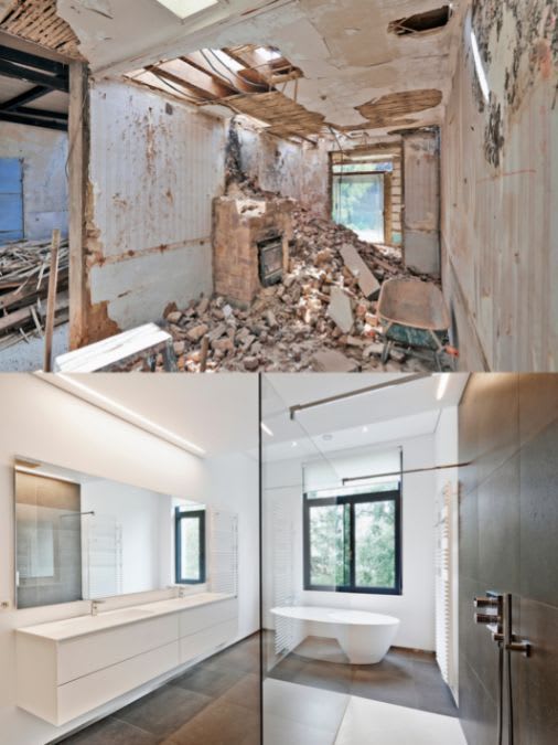 Bathroom renovation comparison: demolition scene, then a modern white bathroom with a large tub and vanity.