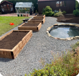 Raised wooden garden beds with gravel path, small pond, greenhouse, and shed.