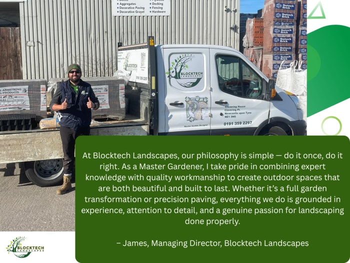 Man standing near a white truck with landscaping company logo. Text describes the company's philosophy and a Master Gardener.
