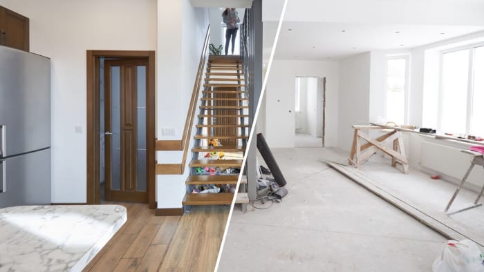 Before and after comparison: kitchen and staircase in a renovated home; showing light, bright, and clean spaces.