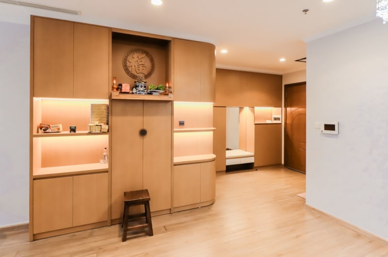 Made to measure built-in wooden shelving in a modern home