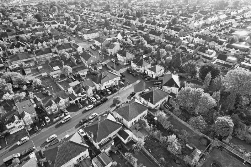Aerial view of suburban rooftops across the Croydon borough