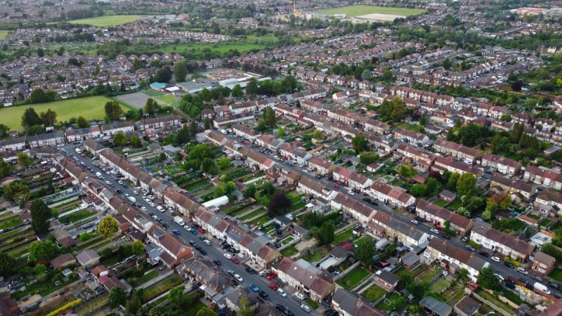 Aerial view over the rooftops of Mansfield town centre and surrounding streets