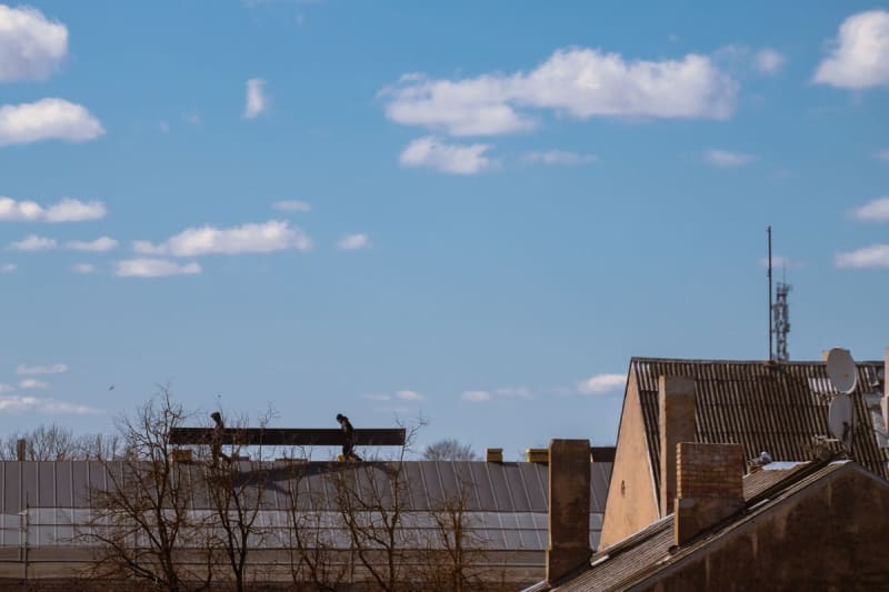 Ladder set against the rooftops and chimney of a Mansfield house at dusk