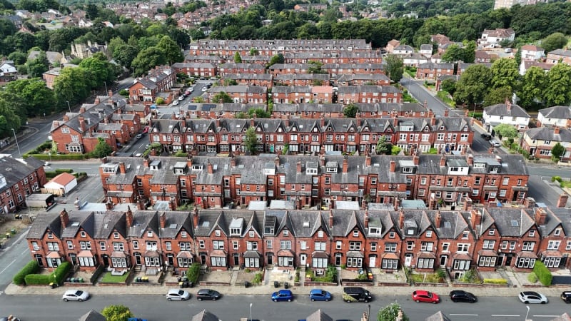 Rooftops of red brick terraced streets in Mansfield showing slate and tile coverings