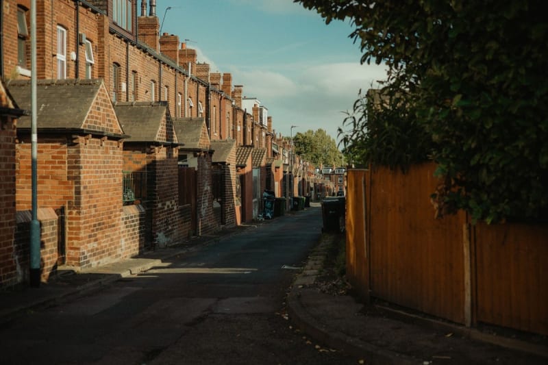 Chimney stacks along a terraced street skyline in Mansfield