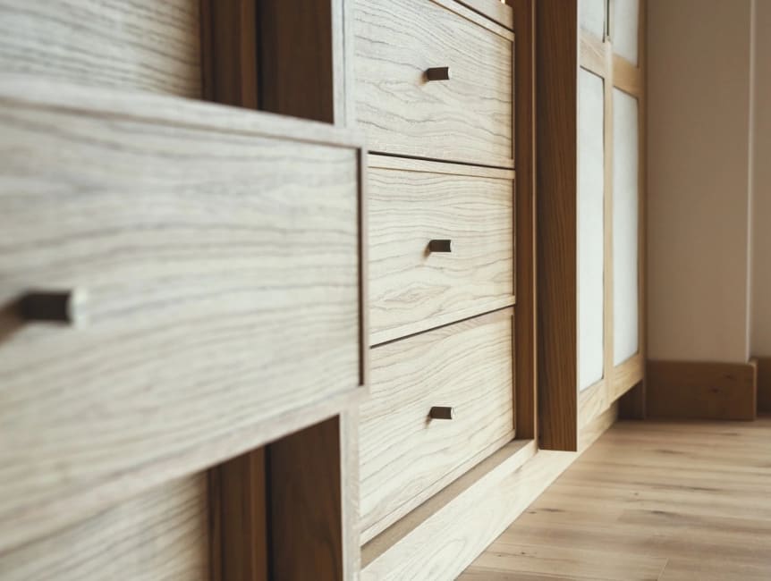 Close detail of oak drawer fronts with recessed handles on bespoke joinery