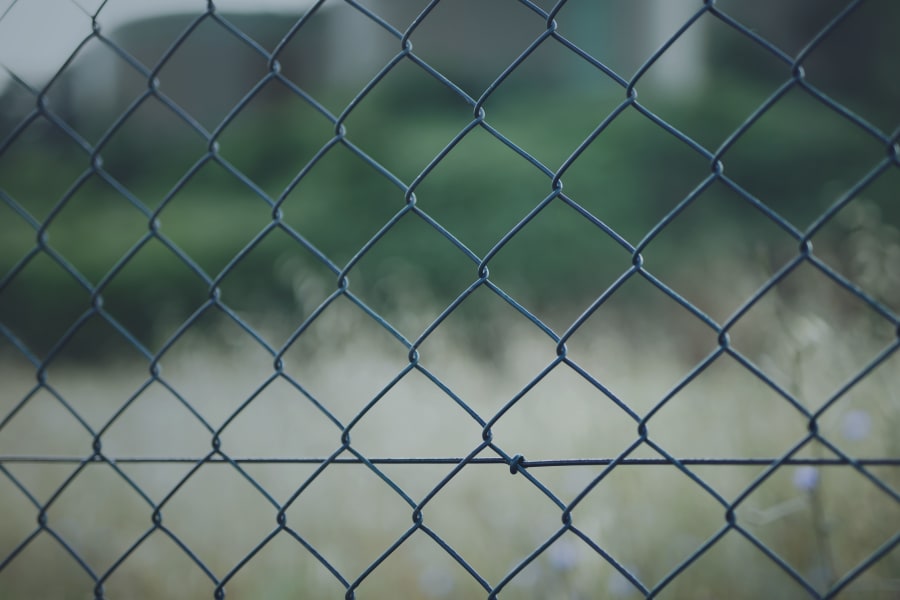 Close-up of a chain-link fence with a blurred grassy field and trees in the background