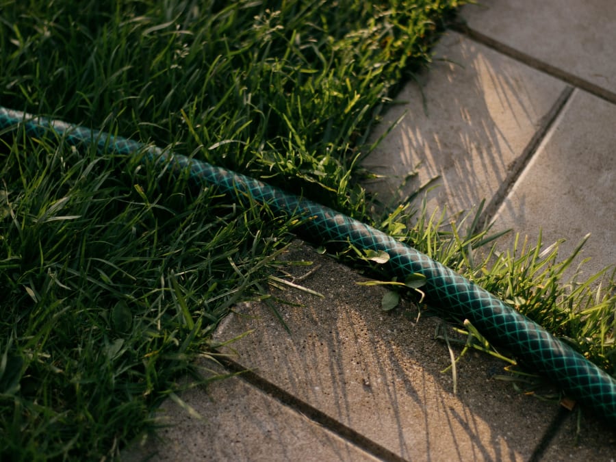 Green garden hose across grass and stone pavers