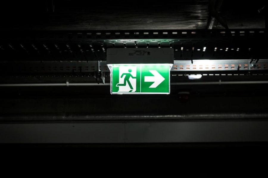 Emergency lighting and exit signage on a hotel escape route