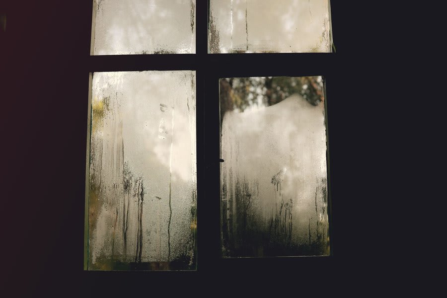 Condensation forming on window glass showing moisture between double glazed panes
