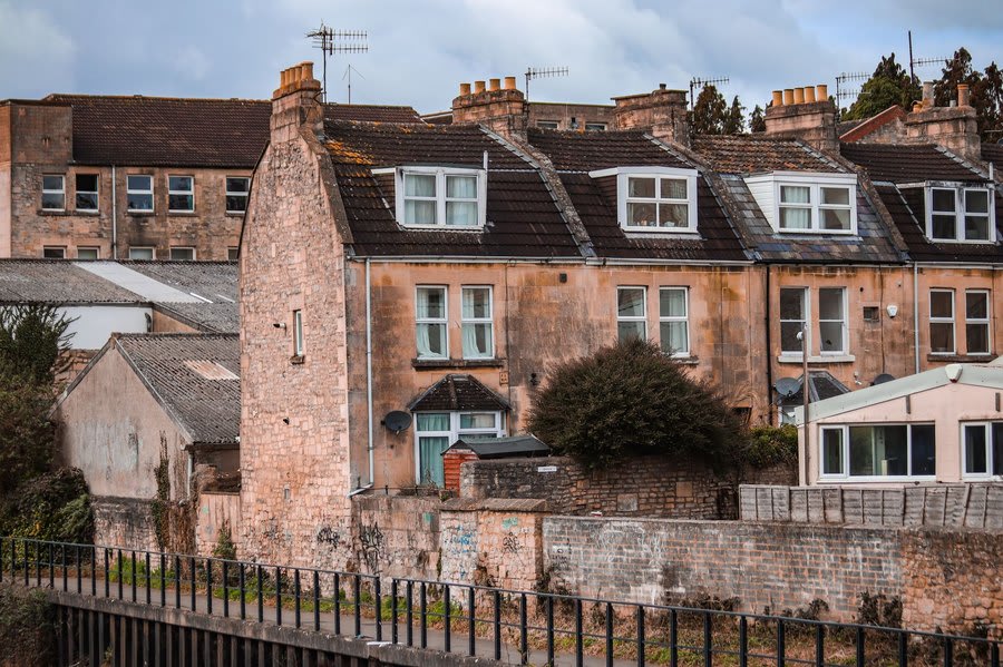 Gable ends and chimneys of older brick terraced houses in the Mansfield area