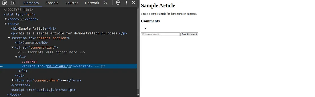 You can see the script injected tag highlighted on the left side