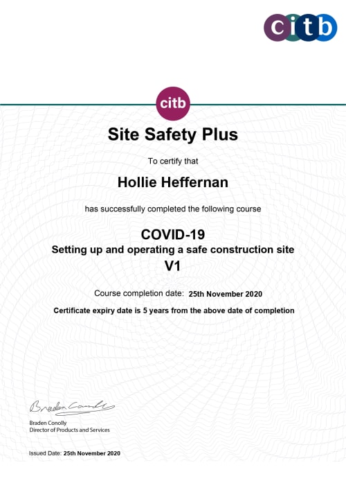 COVID19 Health and Safety Certificate Hollie 