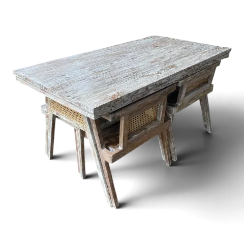 Space-Saving Rustic Rattan Dining Set (White Wash)