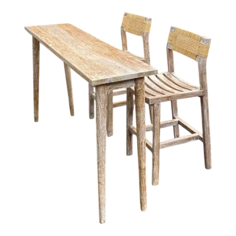 Coastal Rustic Bar Table Set with Woven Back Stools (White Wash)