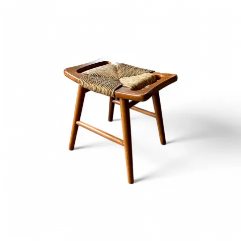 Teak Wood Stool with Woven Rattan Seat