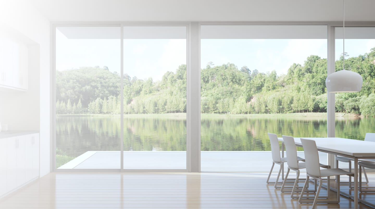 Waterfront home interior with a view of the lake