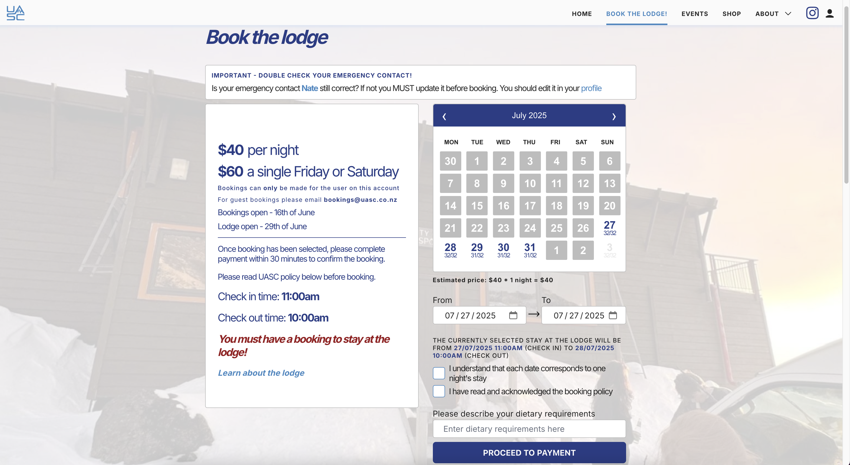 University of Auckland Snowsports Club website screenshot