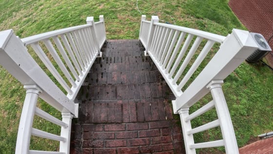 Brick front steps covered in black algae before pressure washing — Cookeville TN