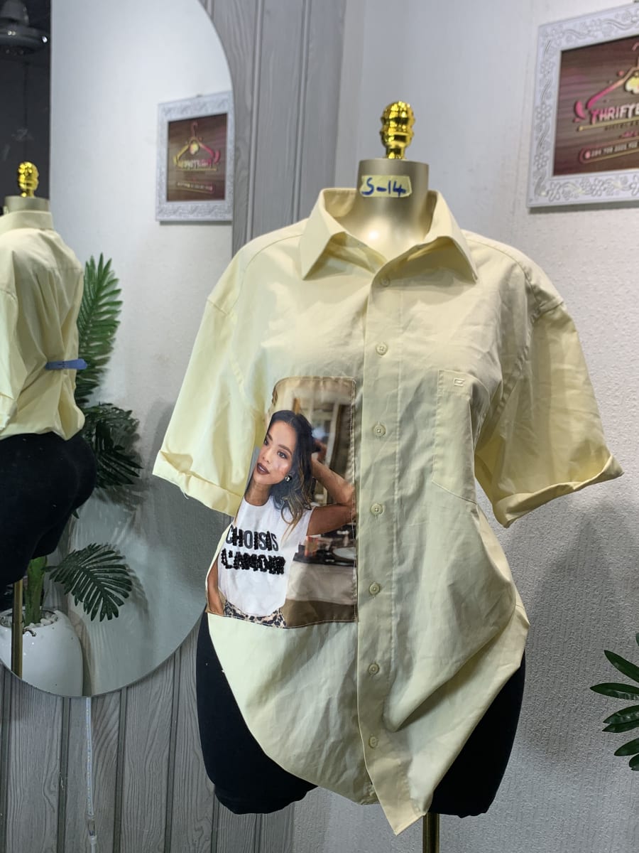 Pale Yellow Graphic Print Button-Down Shirt for Women