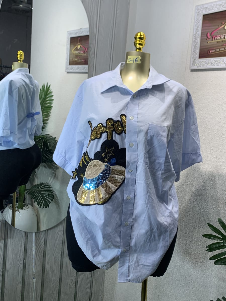 Light Blue Sequin UFO & 'Wonderful' Graphic Button-Up Shirt