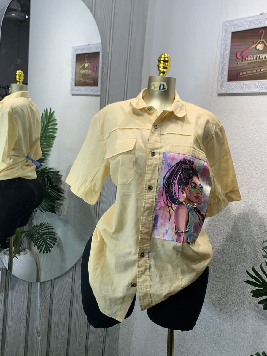Yellow Graphic Print Short Sleeve Button-Up Shirt