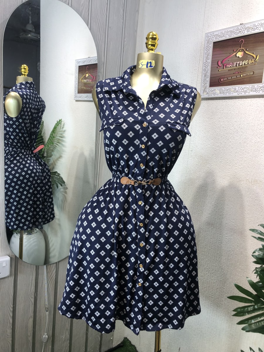 Navy Patterned Sleeveless Shirt Dress with Belt