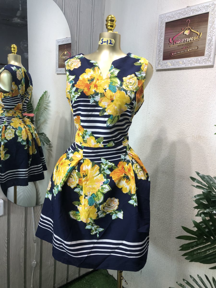 Navy Floral Stripe V-Neck Fit & Flare Dress