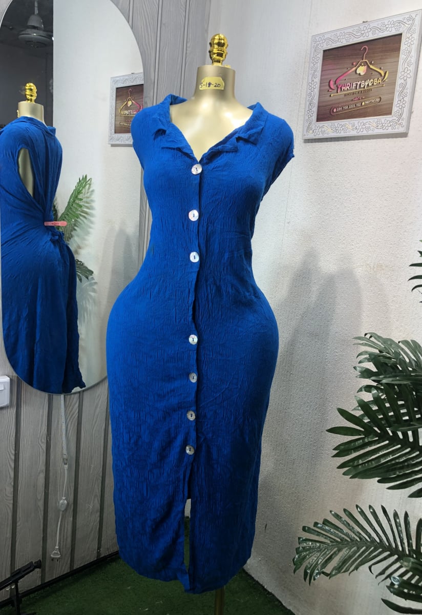 Royal Blue Collared Button-Down Textured Midi Dress