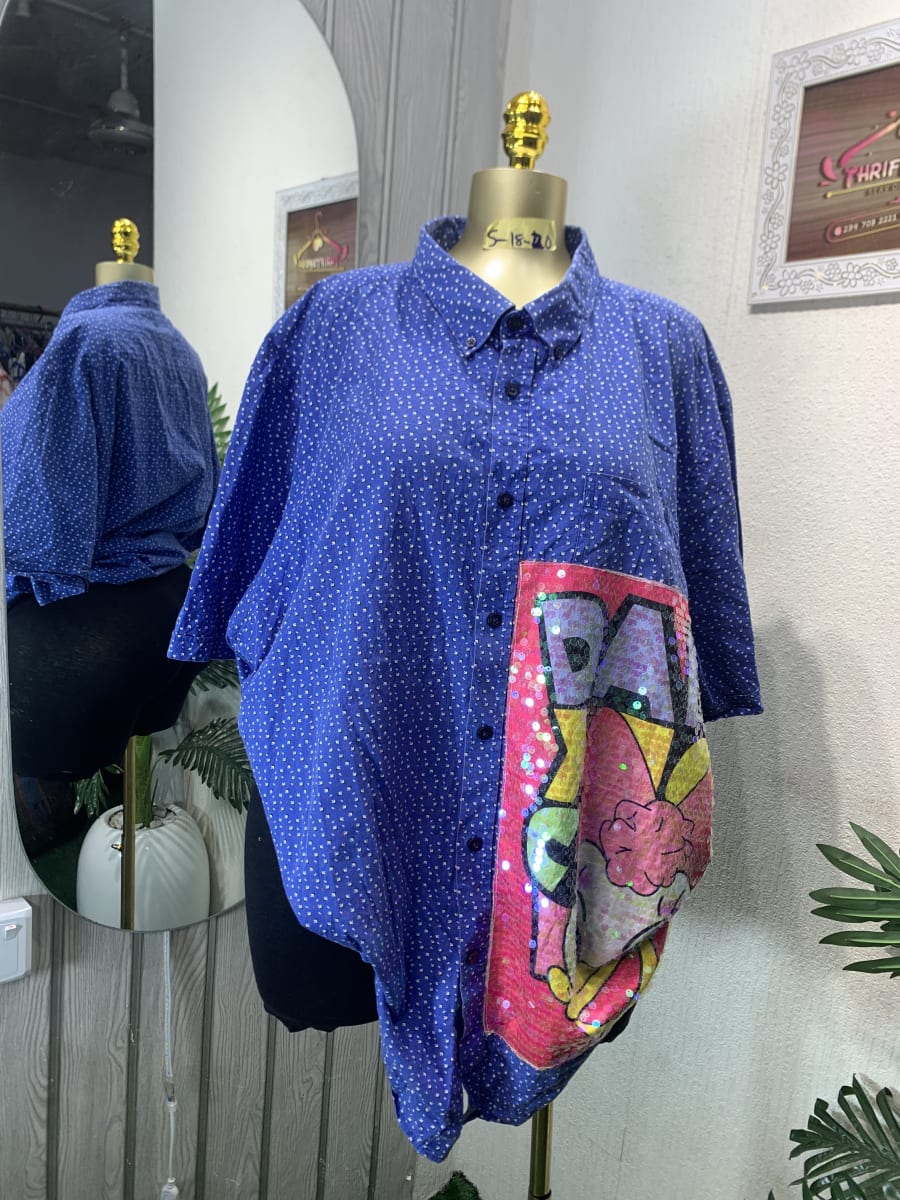 Statement Blue Polka Dot Sequin Patch Oversized Shirt