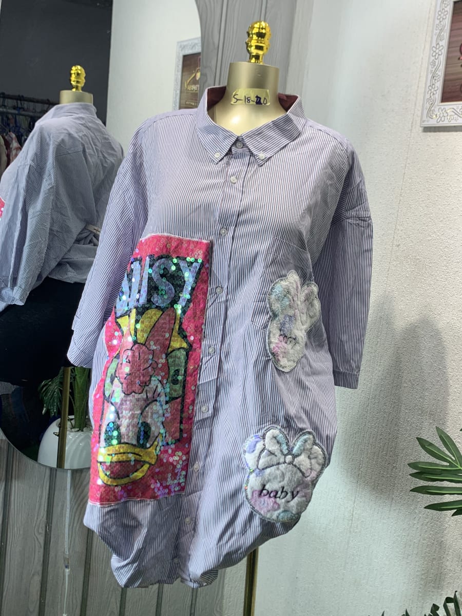 Trendy Oversized Pinstripe Patched Tunic Shirt