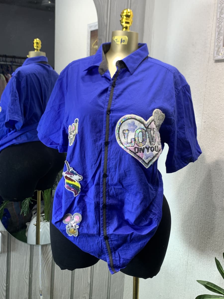 Oversized Blue Sequin Patch Short Sleeve Shirt