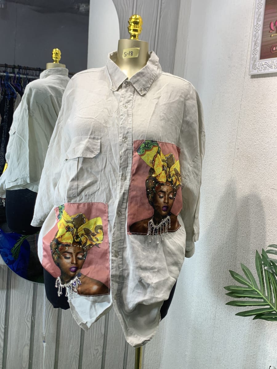 Oversized Beige Art Print Shirt with Embellished Pockets