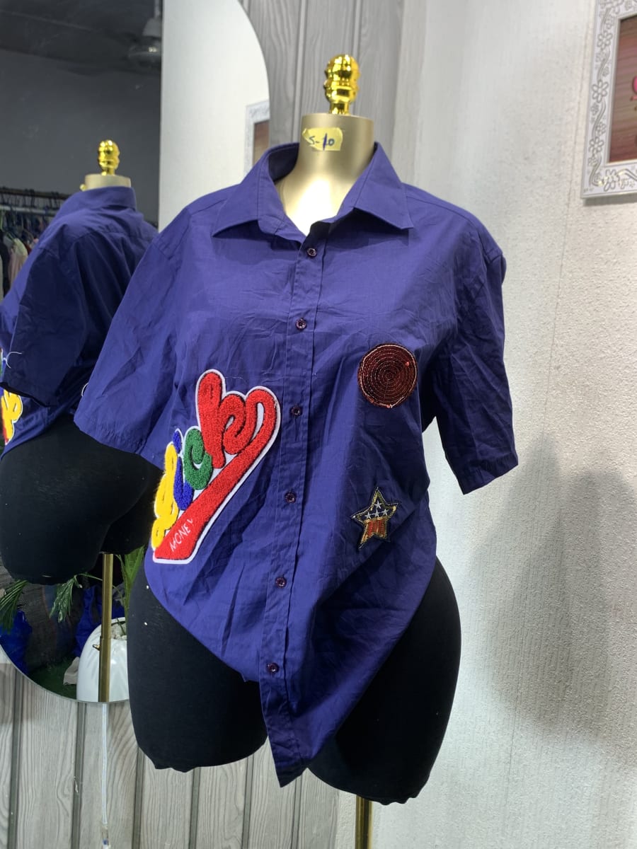 Purple Patchwork Button-Up Shirt - Short Sleeve