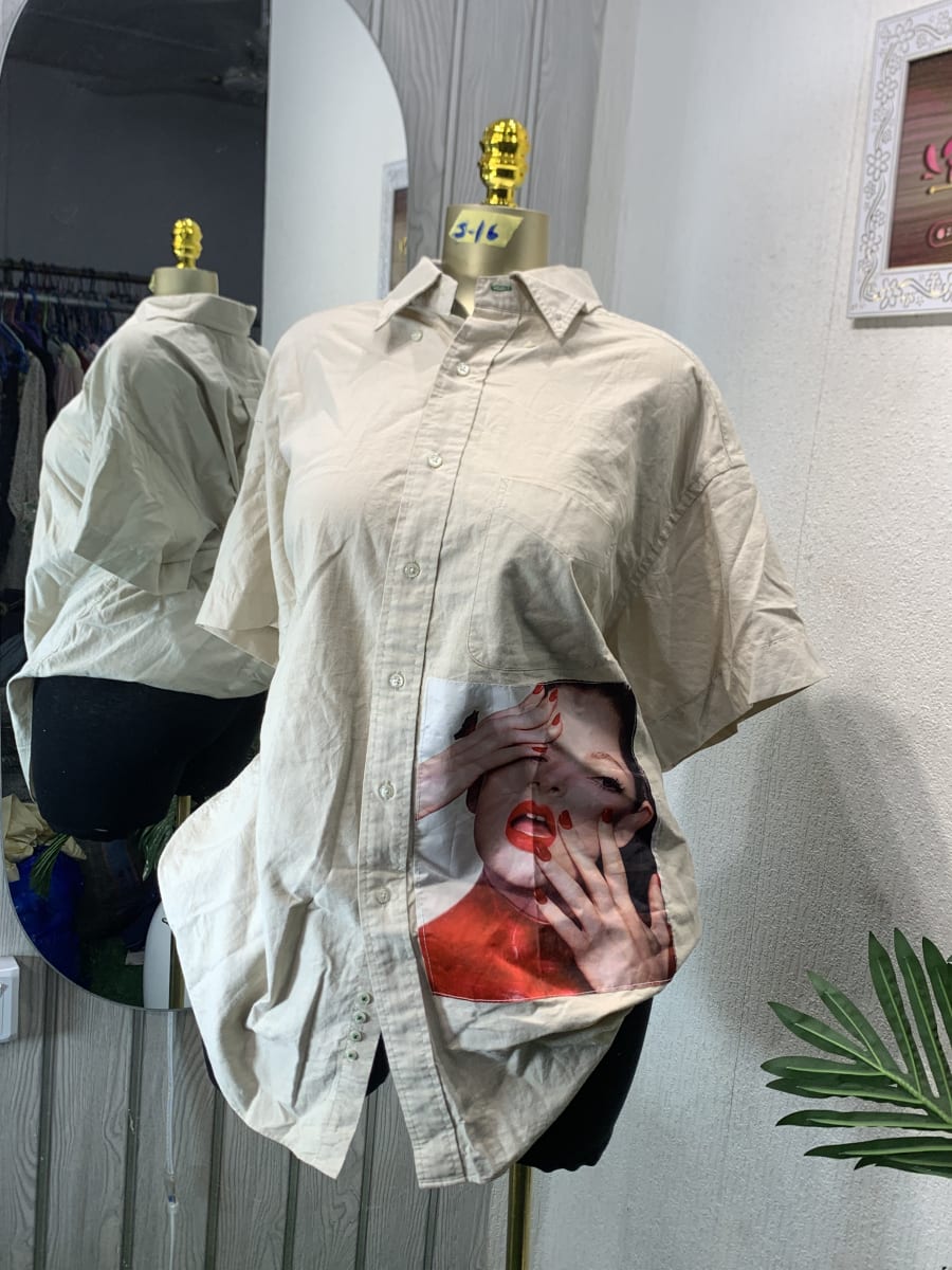 Khaki Oversized Graphic Button-Up Short Sleeve Shirt