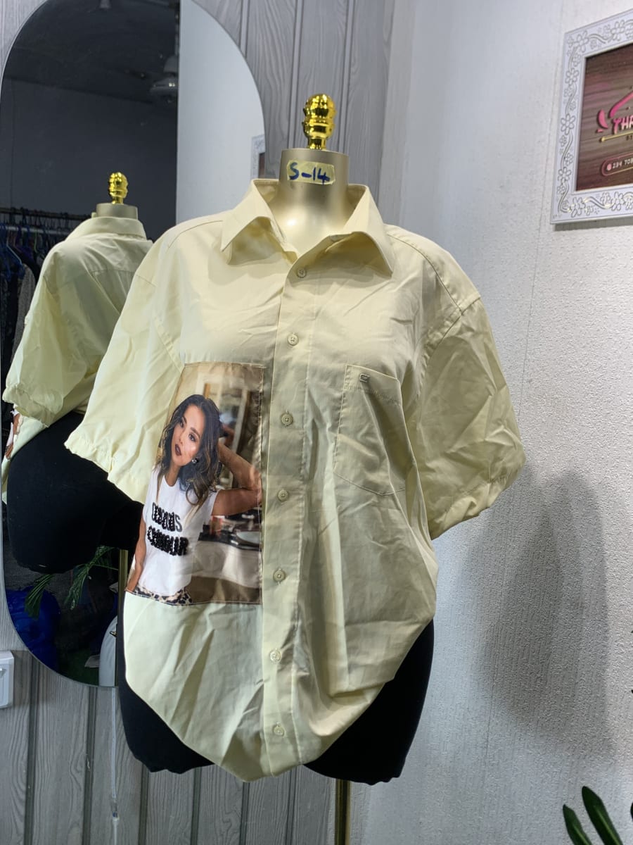 Pale Yellow Photo Print Short Sleeve Button Shirt