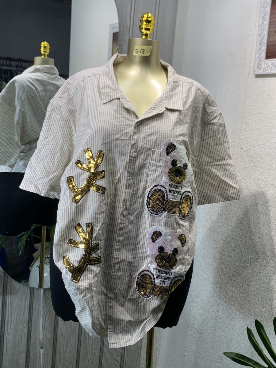 Oversized Striped Sequin Bear & Anchor Casual Shirt