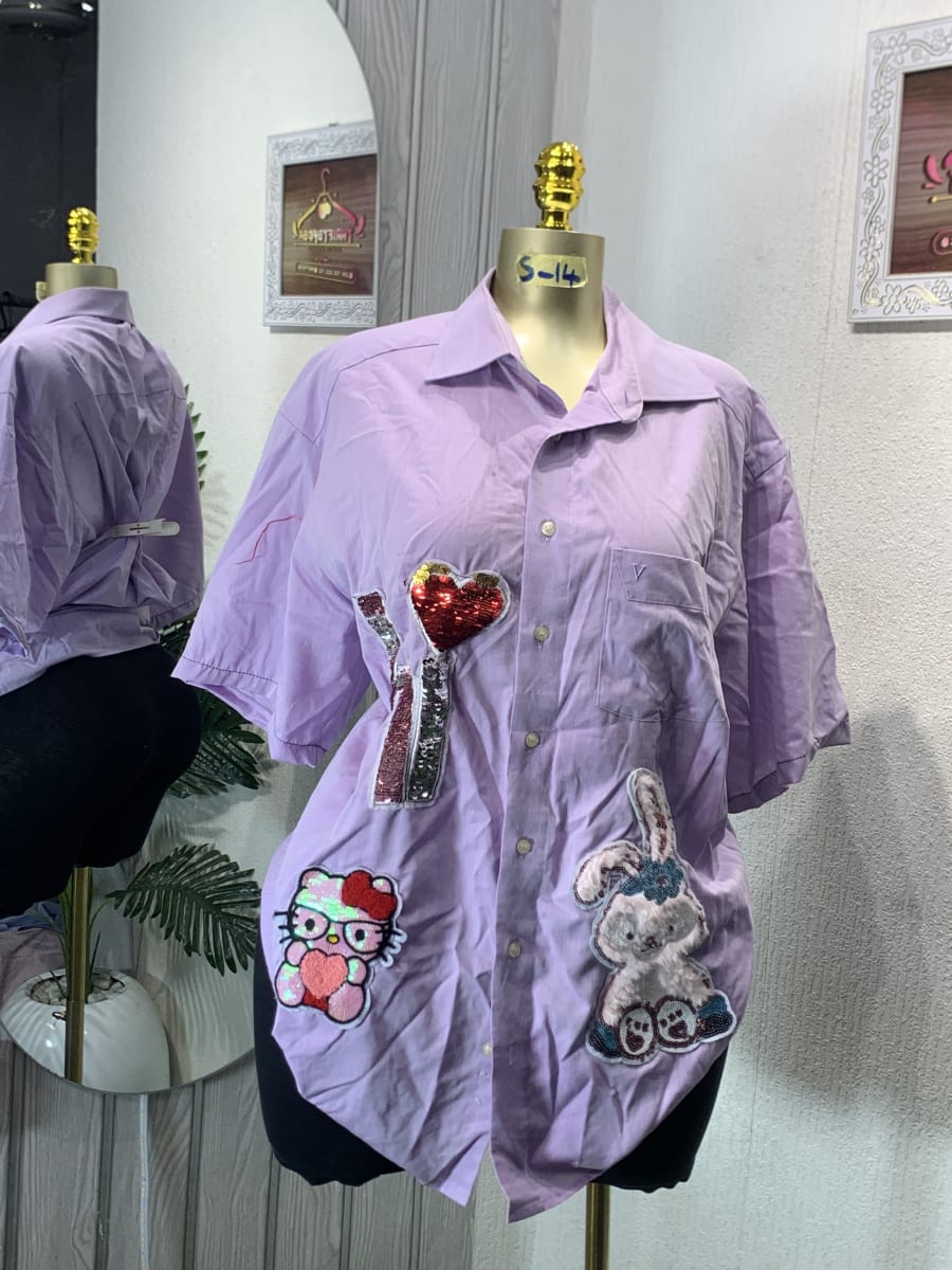 Lavender Embroidered Patch Button-Up Shirt