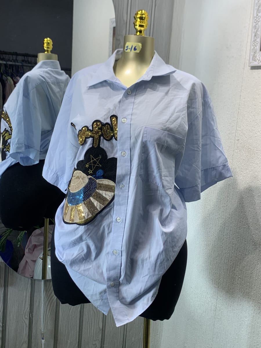 Chic Light Blue Short Sleeve Shirt with Sequin Patches