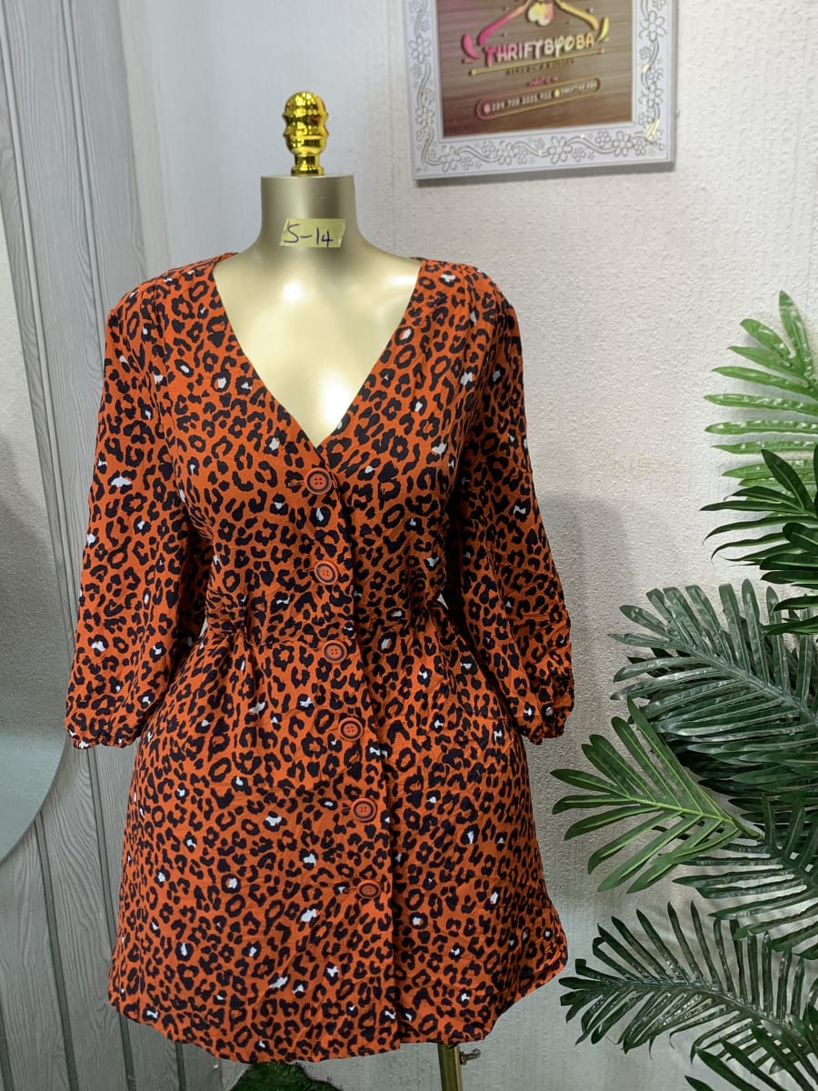 Orange Leopard Print V-Neck Mini Dress